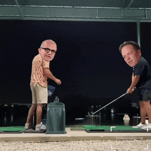 Two Men Are Playing Golf And One Has A Big Head On His Head GIF