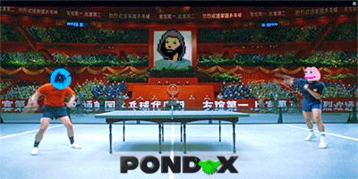 Two Men Are Playing Ping Pong And The Word Pond X Is On The Floor GIF