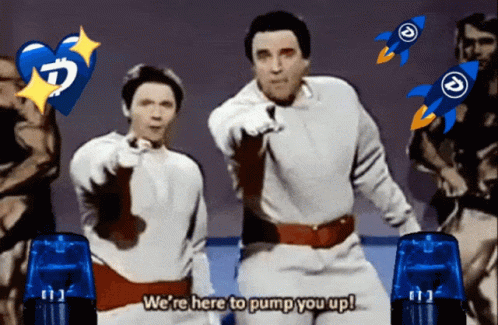 Two Men Are Pointing At The Camera With The Words We 'Re Here To Pump You Up Behind Them GIF