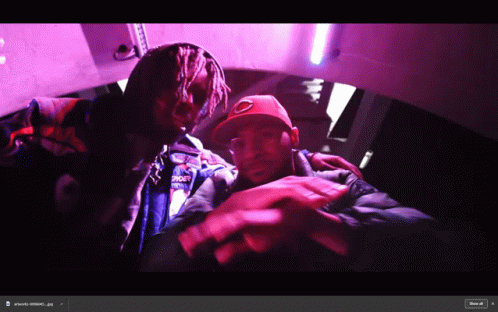 Two Men Are Posing For A Picture With One Wearing A Jacket That Says ' Supreme ' On The Back GIF