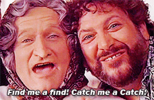 Two Men Are Posing For A Picture With The Words Find Me A Find Catch Me A Catch Written Below Them GIF