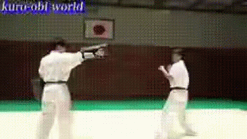 Two Men Are Practicing Martial Arts In A Gym With The Words Kuro-Obi World Written On The Bottom GIF
