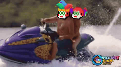 Two Men Are Riding A Jet Ski With Monkey Baby On The Bottom Right GIF
