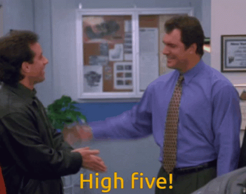 Two Men Are Shaking Hands And The Words High Five Are On The Bottom GIF