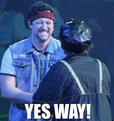 Two Men Are Shaking Hands And The Words Yes Way Are On The Bottom GIF