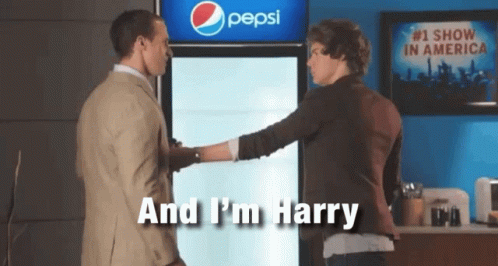 Two Men Are Shaking Hands In Front Of A Pepsi Refrigerator GIF
