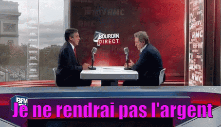 two men are sitting at a table in front of microphones and the words je ne rendrai pas l'argent are above them