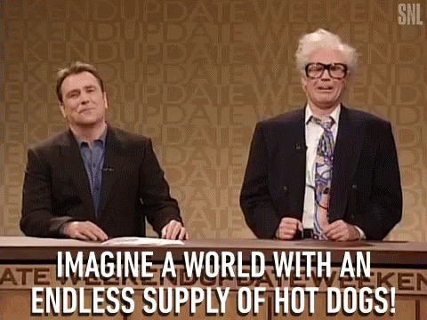 Two Men Are Sitting At A Table With The Words Imagine A World With An Endless Supply Of Hot Dogs Written On It . GIF