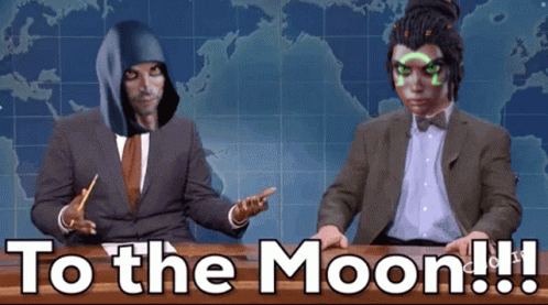 two men are sitting at a table with the words to the moon written on the bottom