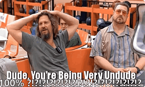 Two Men Are Sitting In A Bowling Alley With The Caption Dude You 'Re Being Very Undude 100 % GIF