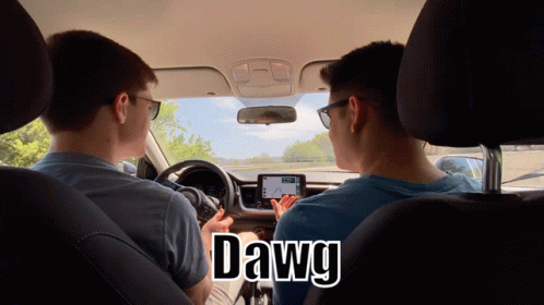 Two Men Are Sitting In A Car With The Word Dawg On The Bottom GIF