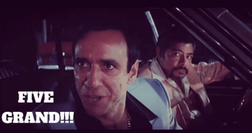 Two Men Are Sitting In A Car With The Words Five Grand On The Bottom GIF