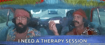 Two Men Are Sitting In A Car With The Words I Need A Therapy Session Written On The Screen . GIF