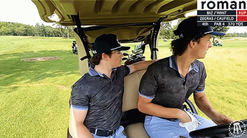 Two Men Are Sitting In A Golf Cart With The Word Roman On The Bottom GIF