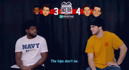 Two Men Are Sitting In Front Of A Sign That Says Face-Off GIF