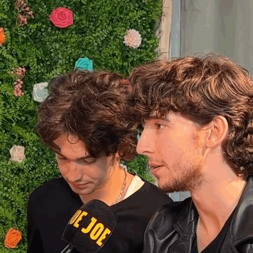 Two Men Are Sitting In Front Of A Wall With Flowers And A Microphone That Says De Joe GIF