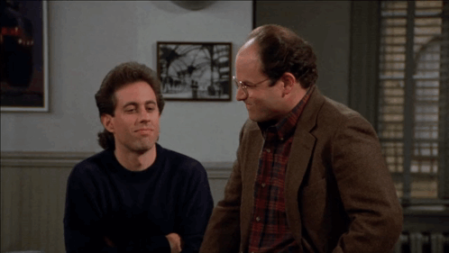 Two Men Are Sitting Next To Each Other And One Of Them Says " Not Good " On The Screen GIF