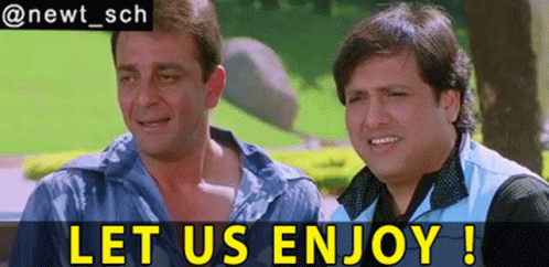 Two Men Are Sitting Next To Each Other With The Words Let Us Enjoy GIF