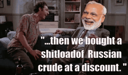 two men are sitting on a couch and one of them says then we bought a shitload of russian crude at a discount "