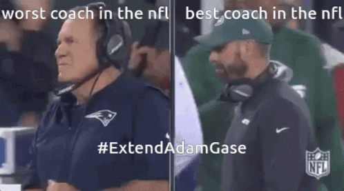 Two Men Are Sitting On The Sidelines Of A Football Game And One Of Them Is Wearing A Patriots Shirt . GIF