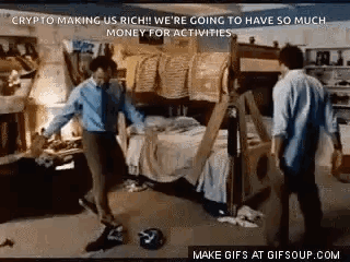 Two Men Are Standing In A Room With A Bunk Bed . GIF