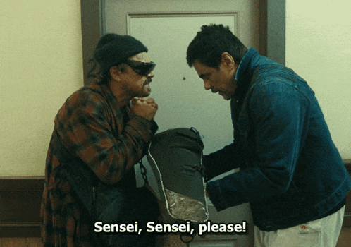 Two Men Are Standing In Front Of A Door And One Of Them Says Sensei Please GIF