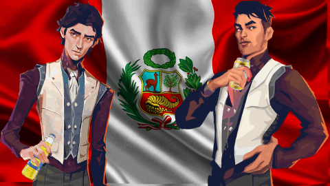 Two Men Are Standing In Front Of A Flag And One Is Holding A Can Of Soda GIF
