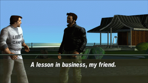 Two Men Are Standing In Front Of A House With The Words A Lesson In Business My Friend On The Bottom GIF