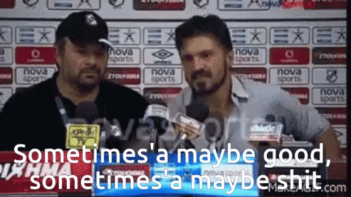 Two Men Are Standing In Front Of A Nova Sports Sign GIF