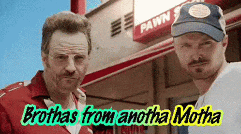 Two Men Are Standing In Front Of A Pawn Shop With The Words Broths From Another Motha GIF