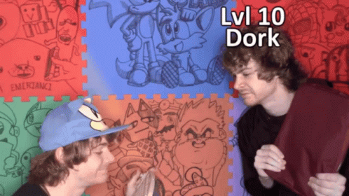 Two Men Are Standing In Front Of A Puzzle Mat That Says Lvi 10 Dork On It GIF