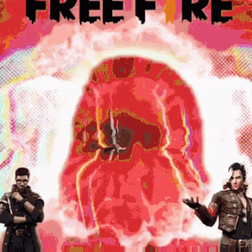 Two Men Are Standing In Front Of A Red Skull With The Words Free Fire Written On It GIF