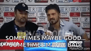 Two Men Are Standing In Front Of Microphones With The Words `` Sometimes Maybe Good ... Sometimes Maybe Bad '' Written O GIF