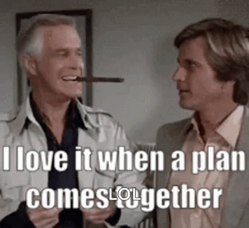 Two Men Are Standing Next To Each Other And Laughing . One Of The Men Is Smoking A Cigar . GIF