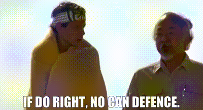 Two Men Are Standing Next To Each Other And One Of Them Is Saying `` If Do Right , No Can Defence '' . GIF