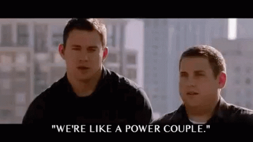 Two Men Are Standing Next To Each Other And One Of Them Is Saying `` We 'Re Like A Power Couple '' . GIF