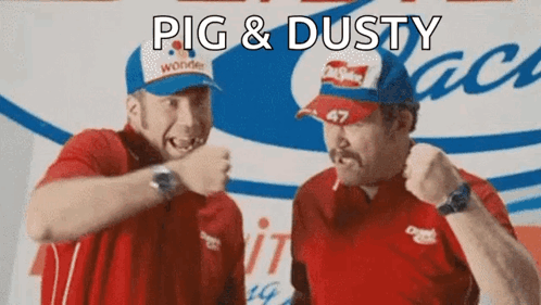 Two Men Are Standing Next To Each Other And One Of Them Is Wearing A Hat That Says Pig & Dusty On It . GIF