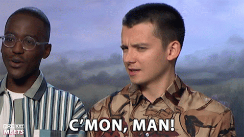 Two Men Are Standing Next To Each Other And One Of Them Says C Mon Man GIF