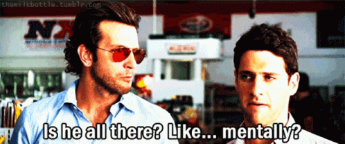 Two Men Are Standing Next To Each Other And One Of Them Says " Is He All There " GIF