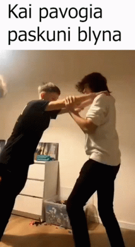 Two Men Are Standing Next To Each Other In A Room And Fighting Each Other . GIF