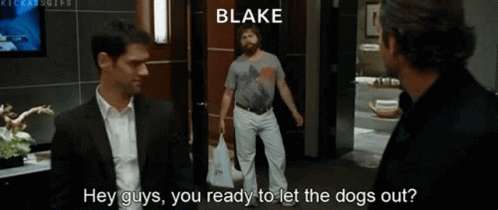 Two Men Are Standing Next To Each Other In A Room And One Of Them Is Talking To The Other About Letting The Dogs Out . GIF
