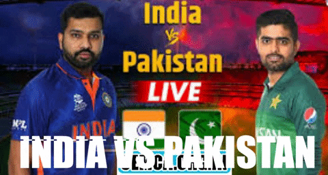 Two Men Are Standing Next To Each Other In Front Of A Banner That Says India Vs Pakistan GIF