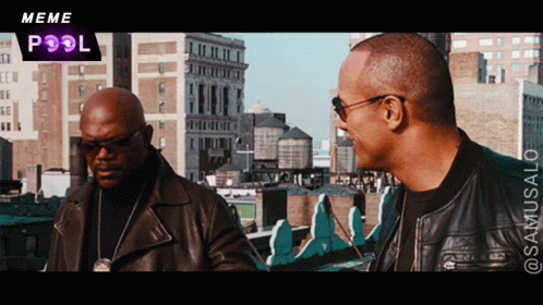 Two Men Are Standing Next To Each Other In Front Of A City And The Words Meme Pool Are On The Bottom GIF
