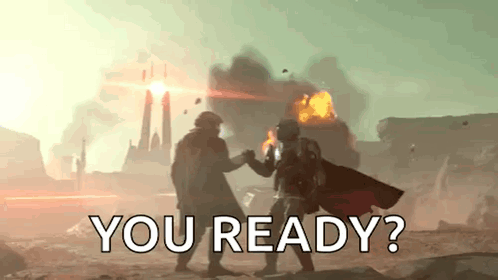 Two Men Are Standing Next To Each Other In Front Of A Large Explosion And The Words `` You Ready '' . GIF