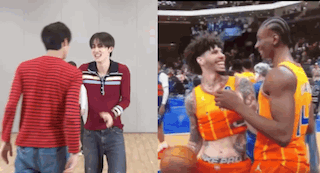 two men are standing next to each other on a basketball court and one of them is wearing a crop top