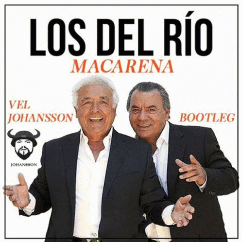 Two Men Are Standing Next To Each Other On A Los Del Rio Macarena Poster GIF