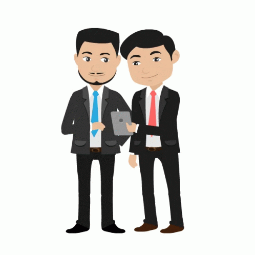 Two Men Standing Next To Each Other One Holding Tablet GIF