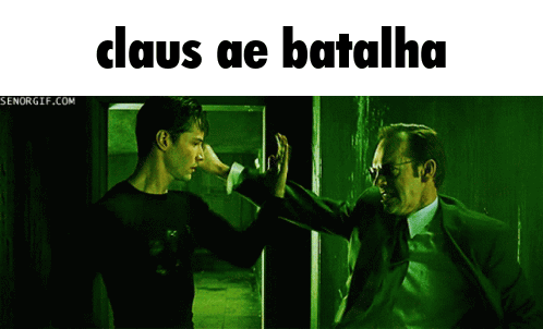 Two Men Are Standing Next To Each Other With The Words Claus Ae Batalha Written Above Them GIF