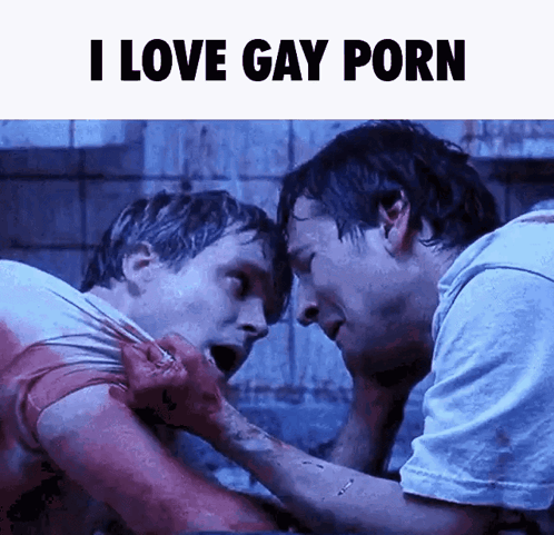 two men are standing next to each other with the words i love gay porn below them