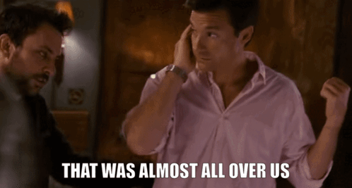 Two Men Are Standing Next To Each Other With The Words That Was Almost All Over Us On The Bottom GIF